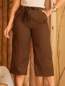 Women's Pantacourt Linen High Waist Trousers With Bow And Pockets - Coffee Brown - View 1