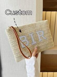 女士个性化手拿包，可定制姓名，个性化草编钱包，草编钱包，女士拉链手提包 - 优雅条纹卡其色手机袋，生日、周年纪念日、母亲节和感恩节的完美礼物