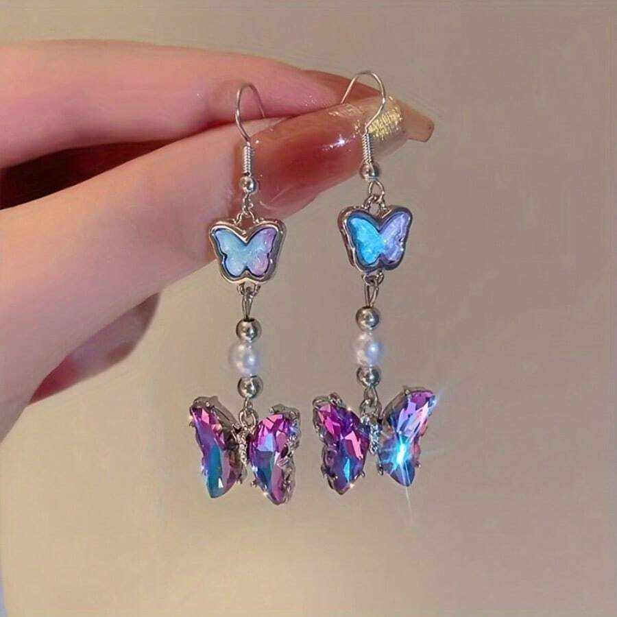 Y2K Shiny Purple Curved Dangling Earrings, Imitation Pearls, Party, Daily, Exquisite Gift - Màu tím - Xem 1