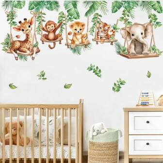 1Set Cartoon Jungle Animal Swings Wall Stickers Lion Elephant Giraffe Tropical Leaves Wall Decals Bathroom Playroom Bedroom Home Decor