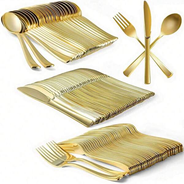 10/25/50/100 Pcs Stainless Steel/Plastic Cutlery Set, Includes Cake/Salad Forks, Spoons, Knives, Reusable And Washable Dinnerware For Home, Restaurant, Wedding, Outdoor, Birthday, Party, Holiday Event