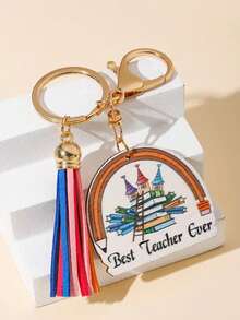 1pc Minimalist Fashionable Wooden Shield Keychain With Pencil Pattern Tassel, Creative Street Style Accessory, Unisex Backpack Charm, Single Party Souvenir Gift