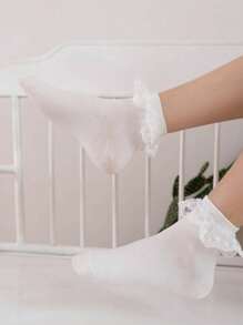 1 par de calcetines versátiles de media pantorrilla con encaje y pentágrama para mujer, color blanco, para todas las estaciones