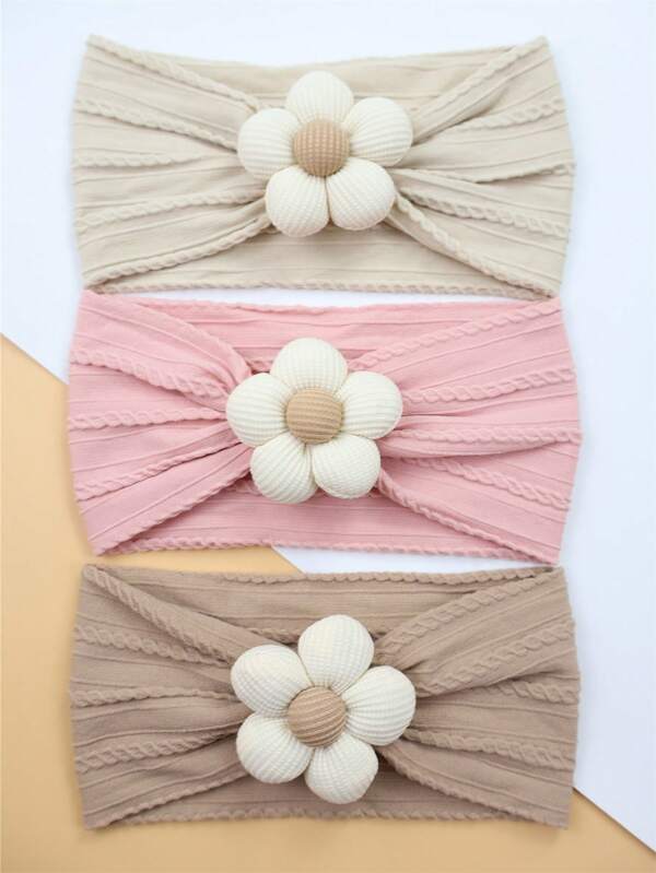 3 Pcs Flower Baby Headbands Baby Girls Nylon Headbands Soft Hairbands Baby Girl Hair Accessories For Newborn Infant Toddler Kids(Beige Pink Khaki) 3 Pcs Per Set