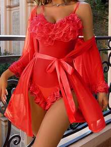 Women's Lingerie Set Mesh Layered Lace Ruffles Solid Sheer Babydoll Bodysuit Long Sleeve Outer Robe And Belt 3 Pcs Set - Red - View 1