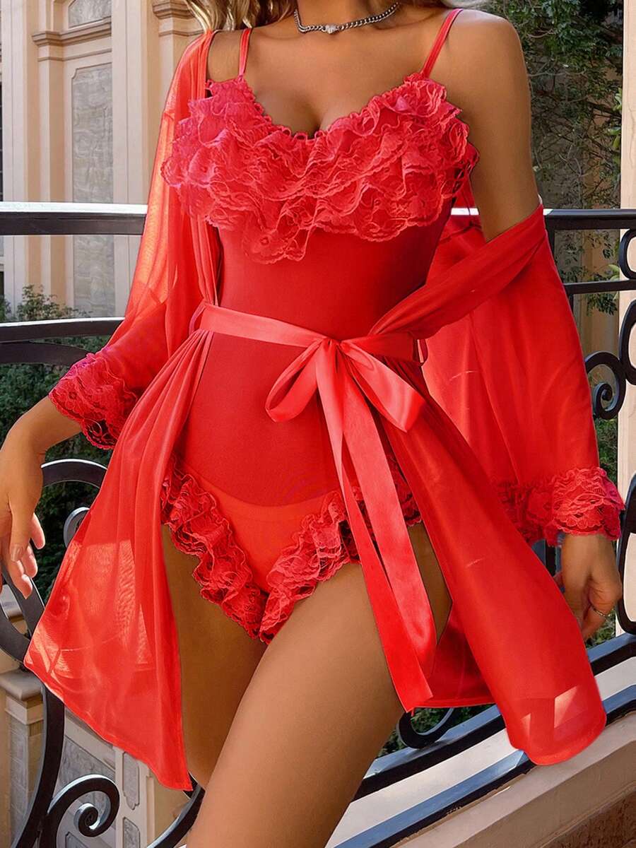 Women's Lingerie Set Mesh Layered Lace Ruffles Solid Sheer Babydoll Bodysuit Long Sleeve Outer Robe And Belt 3 Pcs Set - Red - View 1