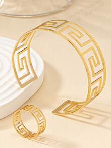 1pc Metal Fashionable Geometric Bangle And 1pc Metal Fashionable Geometric Ring - Yellow Gold - View 2