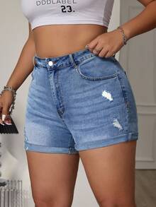 Jeanoix Plus Size Ripped Denim Shorts For Summer - Light Wash - View 5