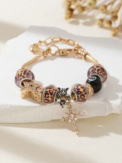 1pc Women's Adjustable Bracelet Set - 8 Ball, Star Cross Charms, Leopard Print Minimalist Time Charms, Couple Bracelet