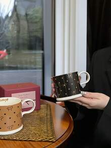 1 件优雅蝴蝶结心形陶瓷杯，浪漫茶咖啡杯，黑棕色情侣套装，牛奶/早餐杯，情人节礼物，送给闺蜜，返校