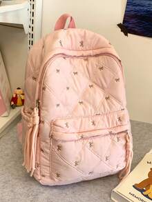 Sac à dos décontracté pour femmes, style coréen, convenant aux étudiantes, décoré d'un nœud brodé, idéal pour les trajets étudiants, minimaliste et polyvalent, grande capacité, peut être utilisé comme sac de cours, sac à dos mignon avec nœud, fournitures scolaires, cartable, sac de rentrée scolaire, sac d'écolier, grand sac à dos, léger, convenant aux adolescentes, femmes, étudiantes, choix parfait pour la rentrée scolaire, le premier jour d'école, le collège, le lycée - Multicolore - Voir 18