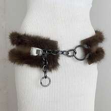 2025 Furry Rhinestone Waist Chain Furry Wide Belt Adjustable Buckle Shiny Belt - Black - View 3