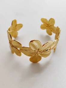 Golden Flower Open Cuff Bracelet Bangle Jewelry For Women Accessory Valentines - Yellow Gold - View 2