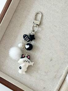 1 件男女通用新款韩版可爱吃鱼猫钥匙扣卡通小鱼星毛绒球串珠手机绳背包汽车钥匙扣，派对/生日/节日礼物背包学校汽车配件哥特 Y2k