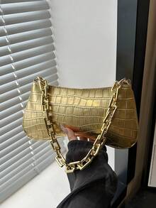 Bolso de mano tipo baguette con cadena gruesa dorada y estampado de cocodrilo para mujer - Dorado - Ver 8