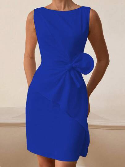 全新女式纯色蝴蝶结装饰圆领无袖开衩下摆修身优雅连衣裙