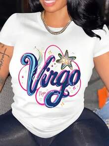E Women's Cotton T-Shirt - Breathable Round Neck Short Sleeve With Virgo Zodiac Graphic Print, Stars & Sparkles Design - Casual Spring Summer Top For Casual Attire, Ladies T Shirts, Summer Out - White - View 1