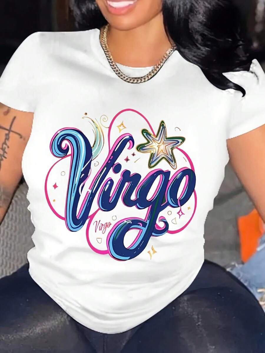 E Women's Cotton T-Shirt - Breathable Round Neck Short Sleeve With Virgo Zodiac Graphic Print, Stars & Sparkles Design - Casual Spring Summer Top For Casual Attire, Ladies T Shirts, Summer Out - White - View 1