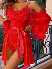 Women's Lingerie Set Mesh Layered Lace Ruffles Solid Sheer Babydoll Bodysuit Long Sleeve Outer Robe And Belt 3 Pcs Set - Red - View 2