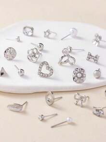 30pairs Set Elegant Minimalist Rhinestone Flower, Heart, Bow Stud Earrings Set, Luxury Gift For Women Valentines,Mom,Mother,Mother's Day,Gift(Random Selection For Shipping) - 隨機 - 查看 4