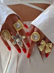 Nocturel 1/4pcs Vintage Fashion Exaggerated Metallic Geometric Wavy Crinkle Faux Pearl Rings, Unique Sweet Punk - Yellow Gold - View 7