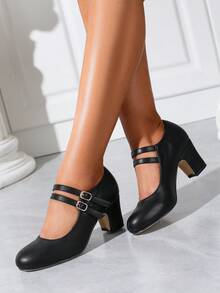 Autumn/Winter Wedding Casual Fashion High Heel Mary Jane T-Strap Shoes, Thick Heel Formal Dress Pumps, Velvet Surface Work Office Shoes, Outdoor Women High Heels (Please Check Foot Length, Palm Circumference Parameters Before Purchasing) - 黑色 - 查看 3