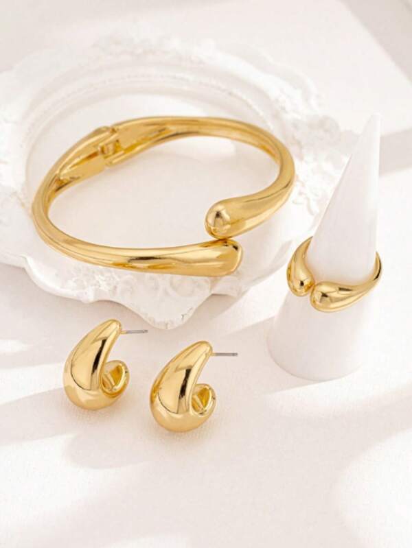 3 Piece Set Metal Geometric Waterdrop Smooth Bangle Bracelet Ring Stud Earrings Jewelry Set, Fashionable & Minimalist