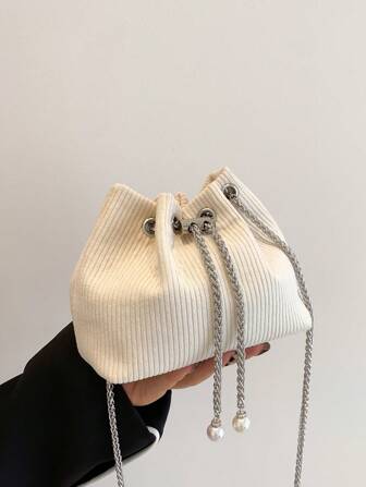 Miniaturowa torebka typu bucket z łańcuszkiem z kordu, metalowa torebka ze ściągaczem, damska torebka typu crossbody, torebka na przyjęcie