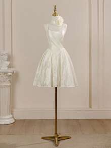 Spaghetti Strap Romantic Floral Decor Sleeveless Pleated Baroque Princess Skirt, Bride Gift Dress Suitable For Graduation Prom Party