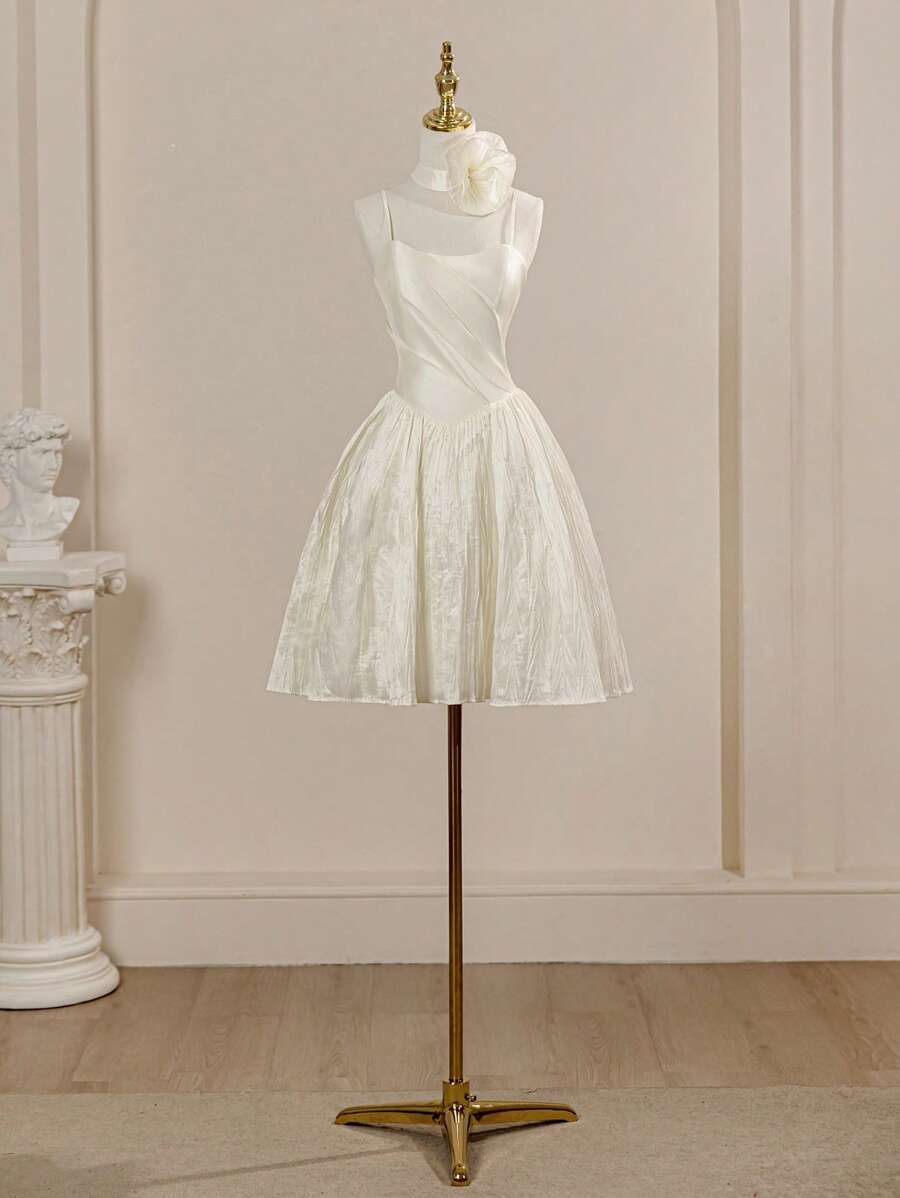 Spaghetti Strap Romantic Floral Decor Sleeveless Pleated Baroque Princess Skirt, Bride Gift Dress Suitable For Graduation Prom Party