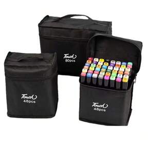 48/60/80 peças Estojo de lápis de lona preta resistente, portátil e dobrável - essencial para escritório e artísticos, com bolsa de armazenamento, compartimentos de presente escolar, porta-lápis com zíper de grande capacidade, ideal para estudantes (logotipo aleatório)