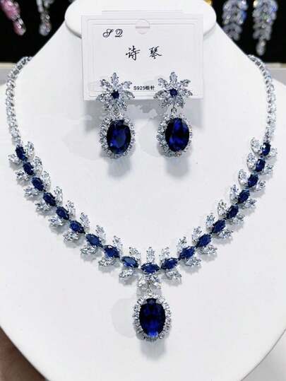1 套锆石首饰套装，麦穗和大椭圆形锆石吊坠项链和耳环套装