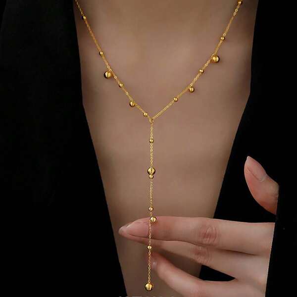 1 pièce Collier à chaîne à perles et à gland plaqué or 18 carats en acier inoxydable, collier de dame intellectuelle