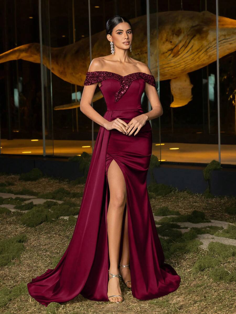 Elisanya Váy dạ hội đuôi cá hở vai thanh lịch xẻ cao với chi tiết đính sequin toàn bộ dành cho nữ, váy dự tiệc trang trọng, hoàn hảo cho lễ cưới, sự kiện thảm đỏ, ảnh chân dung cô dâu và buổi chụp ảnh sang trọng - Màu Đỏ Sâu - Xem 1