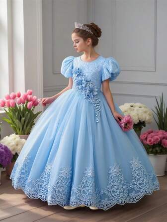 女童花卉刺绣网纱派对连衣裙，适合宴会、生日庆祝等场合，不含头饰