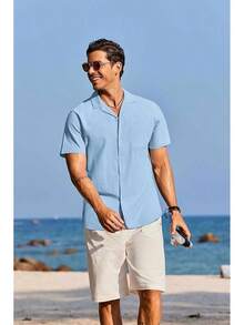 Mens Cotton Linen Shirt Casual Button Down Short Sleeve Shirts Summer Cuban Vacation Beach Shirts With Pockethalloween - 淺藍色 - 查看 4