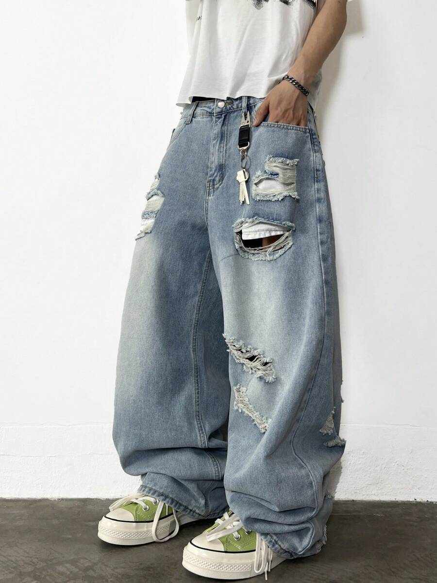 1 chiếc quần jeans nam Hearty Haven kiểu dáng đường phố Mỹ, dáng rộng, ống rộng, chất liệu denim bạc màu (không kèm thắt lưng và phụ kiện) - Màu xanh lam - Xem 1