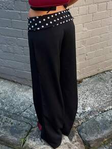 Vintage Polka Dot Print Patchwork Waistline Casual & Versatile Straight Leg Pants For Women