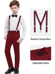 Boys Formal Suit Set - Suspenders Adjustable Waist Ring Bearer - Burgundy Vest - 查看 5