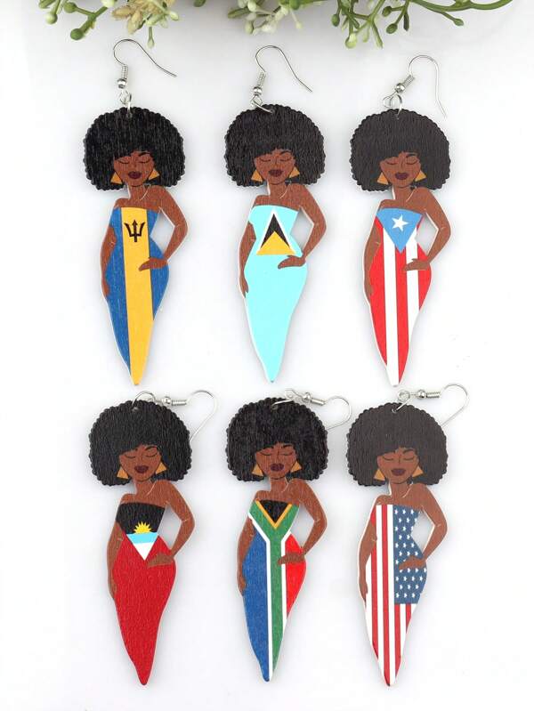 1 Pair UV Color-Printed Beautiful Woman Wooden Map & National Flag Earrings, Vintage Party Africa Jewelry DIY, Club Gift
