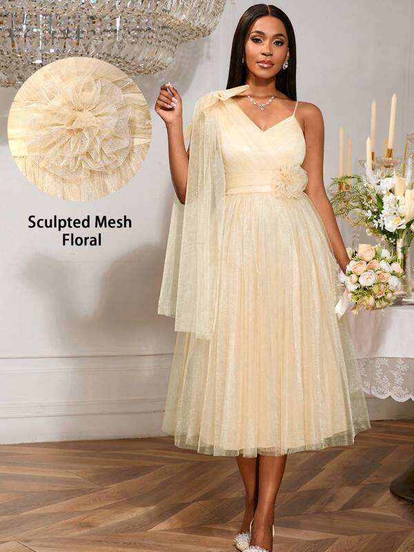 Women Bowtie Shoulder 3D Flowers Wedding Guest Tulle Dress V-Neck Petal Decorated Party Fit And Flared Champagne Dresses