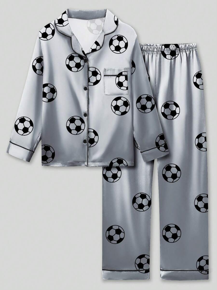 2 piezas Pijama de fútbol gris para niño preadolescente, minimalista y de moda