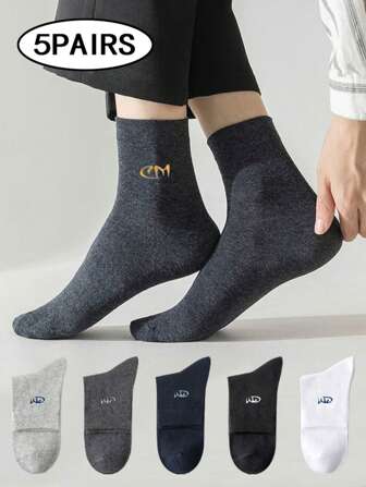1/5 Pairs Spring/Summer Sweat-Absorbent & Moisture-Wicking Men's Mid-Calf Socks, Business Fashion Solid Color With Lettering Mid-Calf Socks