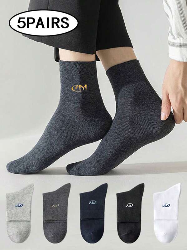 1/5 Pairs Spring/Summer Sweat-Absorbent & Moisture-Wicking Men's Mid-Calf Socks, Business Fashion Solid Color With Lettering Mid-Calf Socks