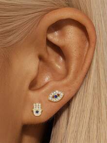 一对极简主义 S925 纯银方晶锆石恶魔手耳钉 - 金色 - 查看 3