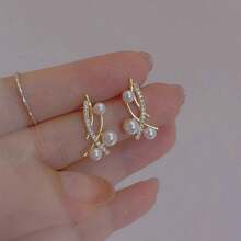Cross Line Faux Pearl Earrings For Girls Fresh Gold Color Ear Piercing Women Accessories Daily Wear Delicate Jewelry Korean Fashion Faux Pearl Stud Earrings For Women Modern Design Gold Color Ear Earrings With Shiny Girls Jewelry