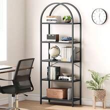 Bücherregal mit 5 Ebenen, gewölbtem Design, hohem Standregal mit Metallrahmen, offenem Aufbewahrungsregal, großem schwarzen Bücherregal für Schlafzimmer, Wohnzimmer, Homeoffice - Schwarz + schwarzes Holzbrett - Übersicht 9