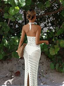 Vestido de punto sin mangas de verano para mujer PARA BELLEZA, delgado y sexy, con un diseño de rayas microperforadas, apropiado para vestidos largos de vacaciones