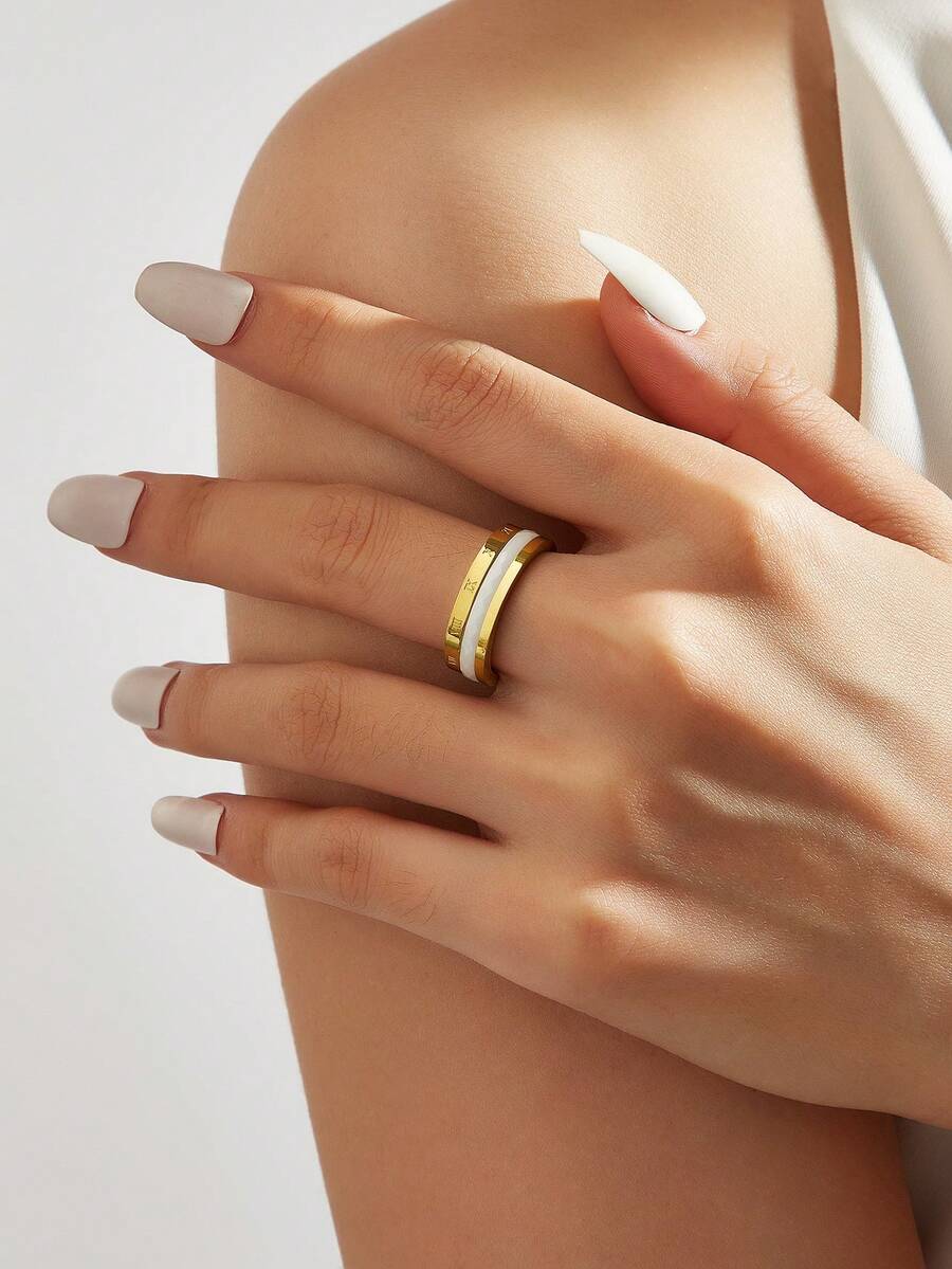 1pc 18K Gold Plated Gorgeous Style Stainless Steel Cubic Ceramic Rings Ladies Jewelry Wedding Party Dating Gift - Gold and White - View 1