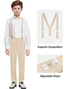 Boys Formal Suit Set - Suspenders Adjustable Waist Ring Bearer - 淺褐色的 - 查看 4